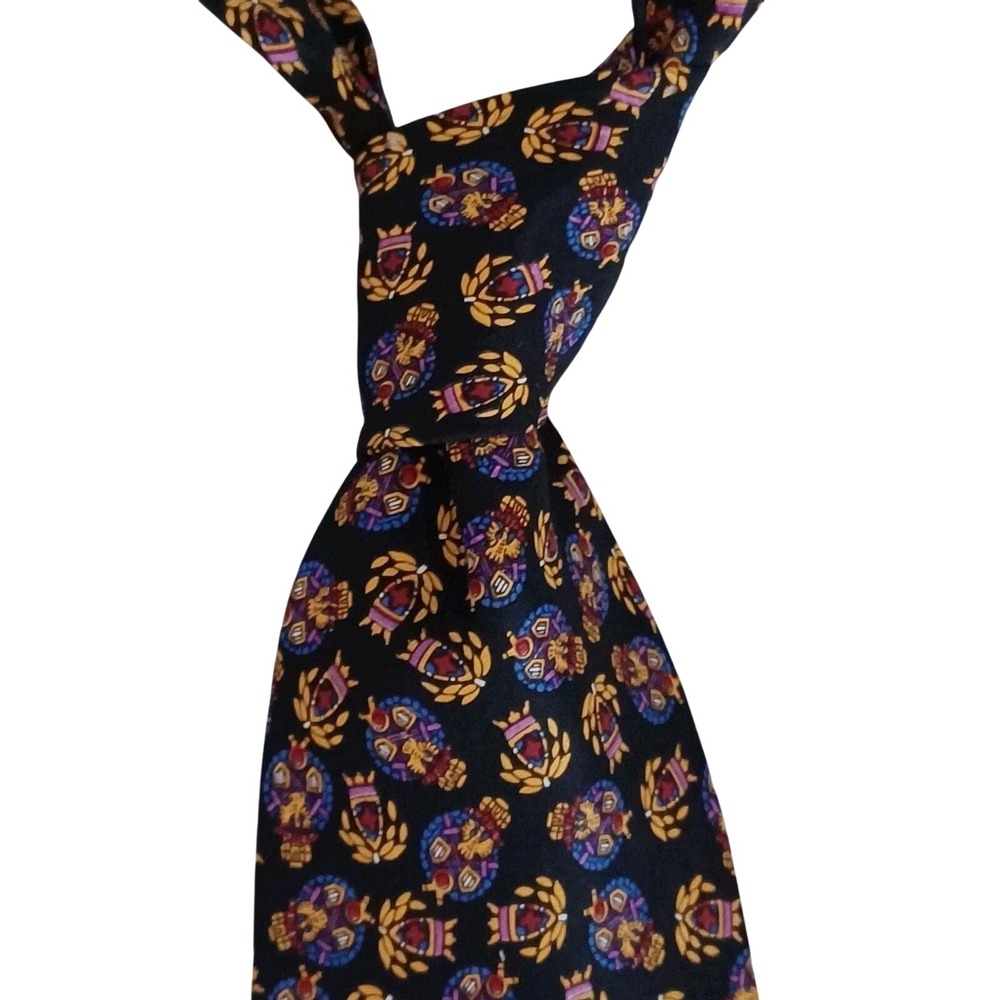 ISACO‎ Italy Silk Tie Mens Black Gold Crest Laurel Wreath Heraldic Made in Italy